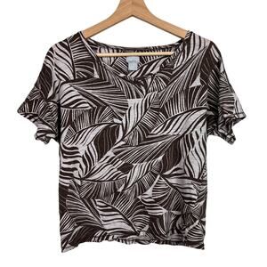 Chico's 100%‎ Linen Womens Brown Leaf Print Short Sleeve Top Size 1 (Medium)